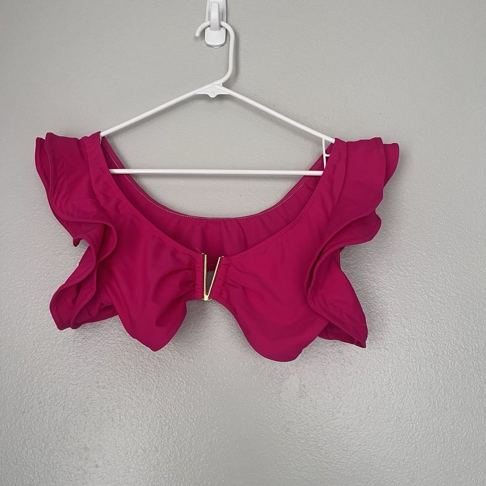 Women's Hot Pink Bikini Top Large Ruffle Sleeve V‎ Cut Swim Water Gold Embellish